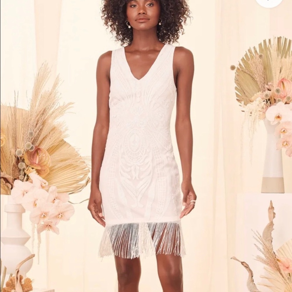 All the Fame White Sequin Fringe Bodycon Dress large